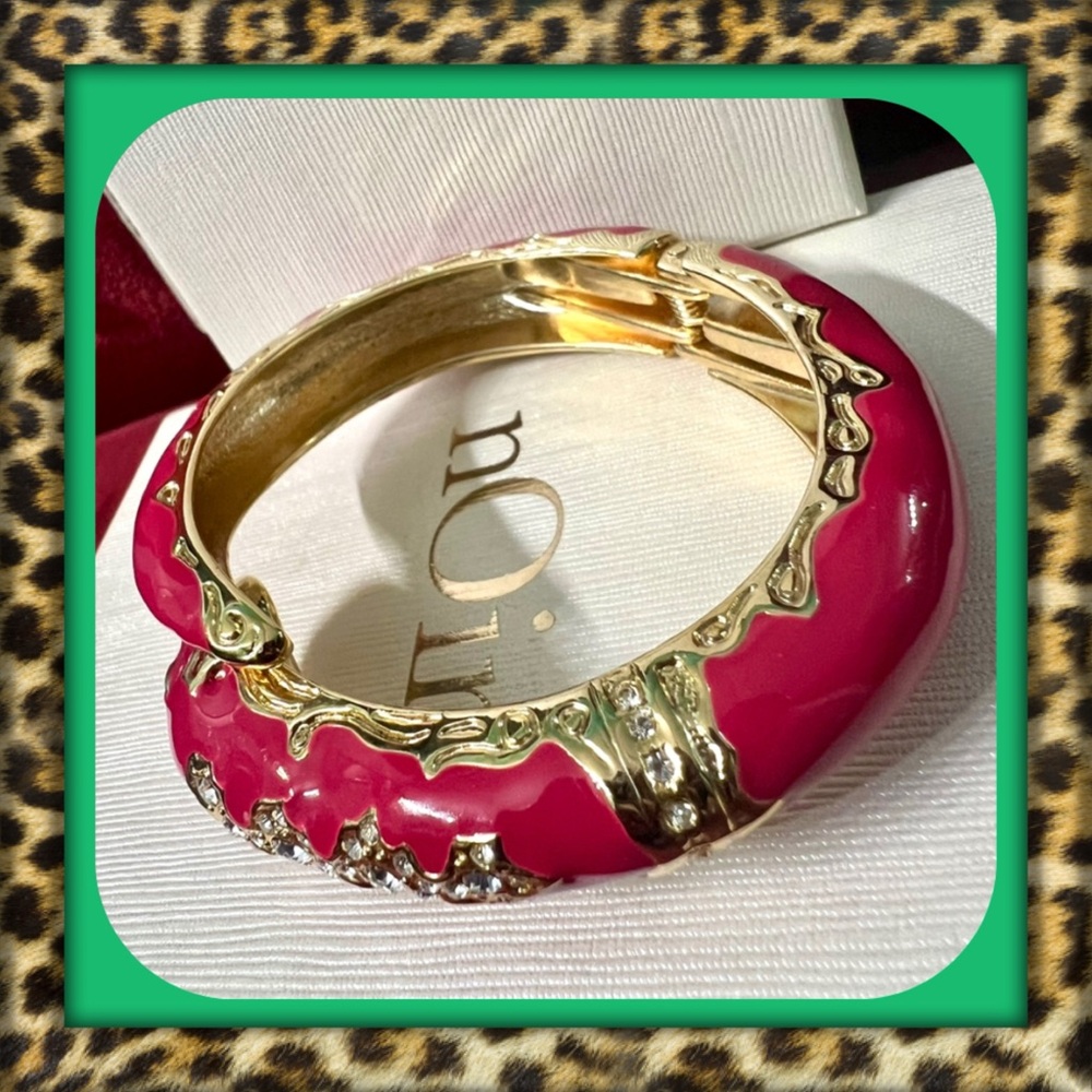👑✅PRICE FIRM✅ Pink and Gold Enamel Snake Bangle Bracelet with Rhinestones